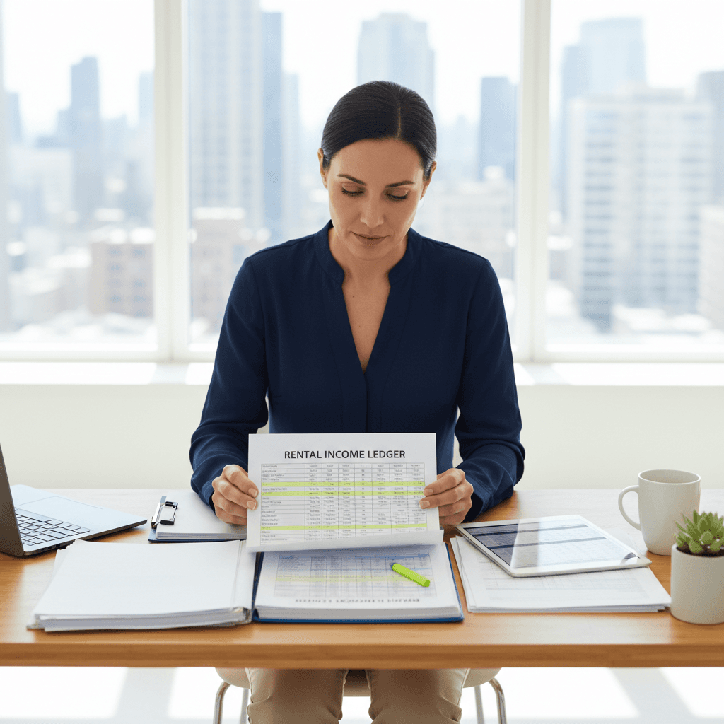 Property manager reviewing rent ledger documents