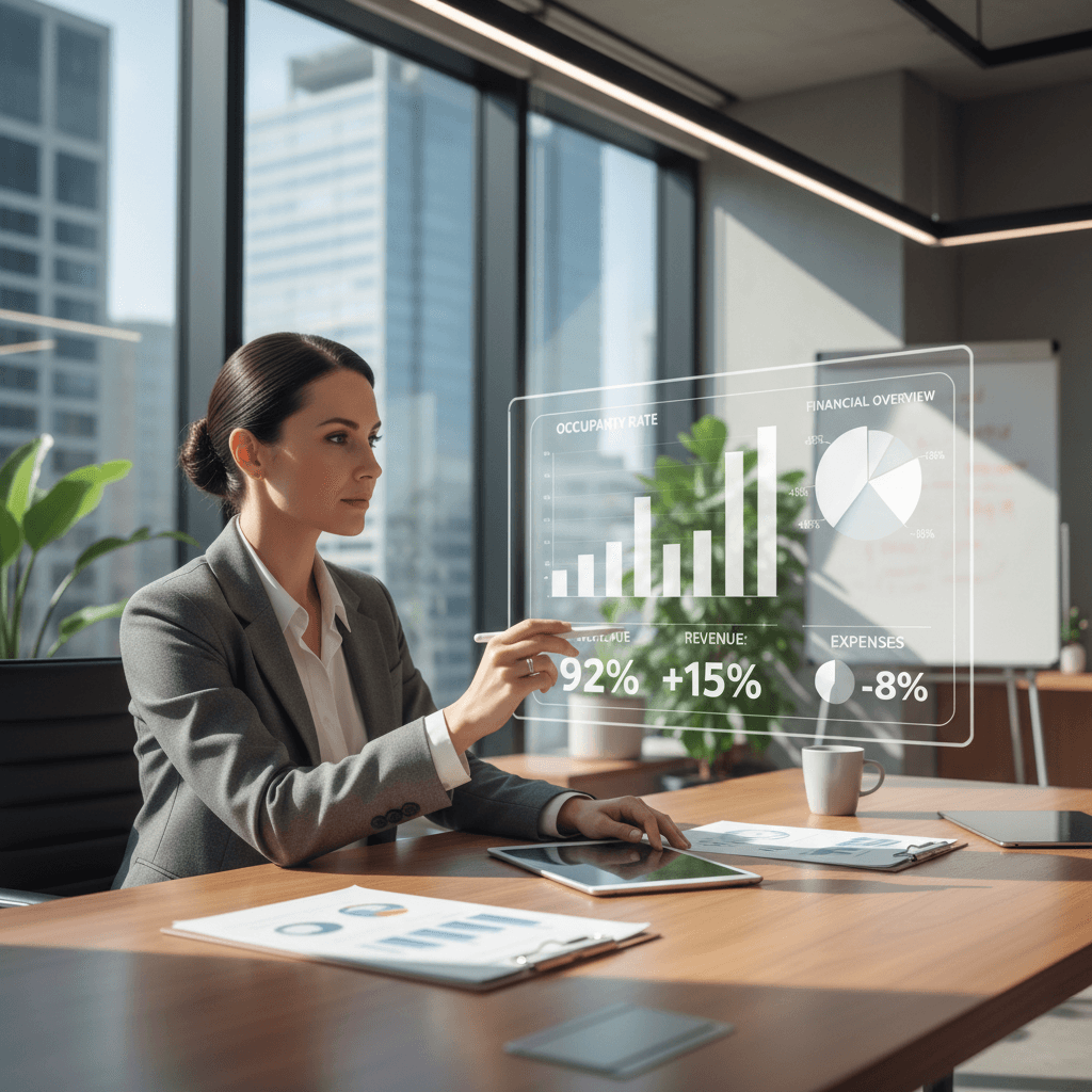 Property manager reviewing financial reports at a desk