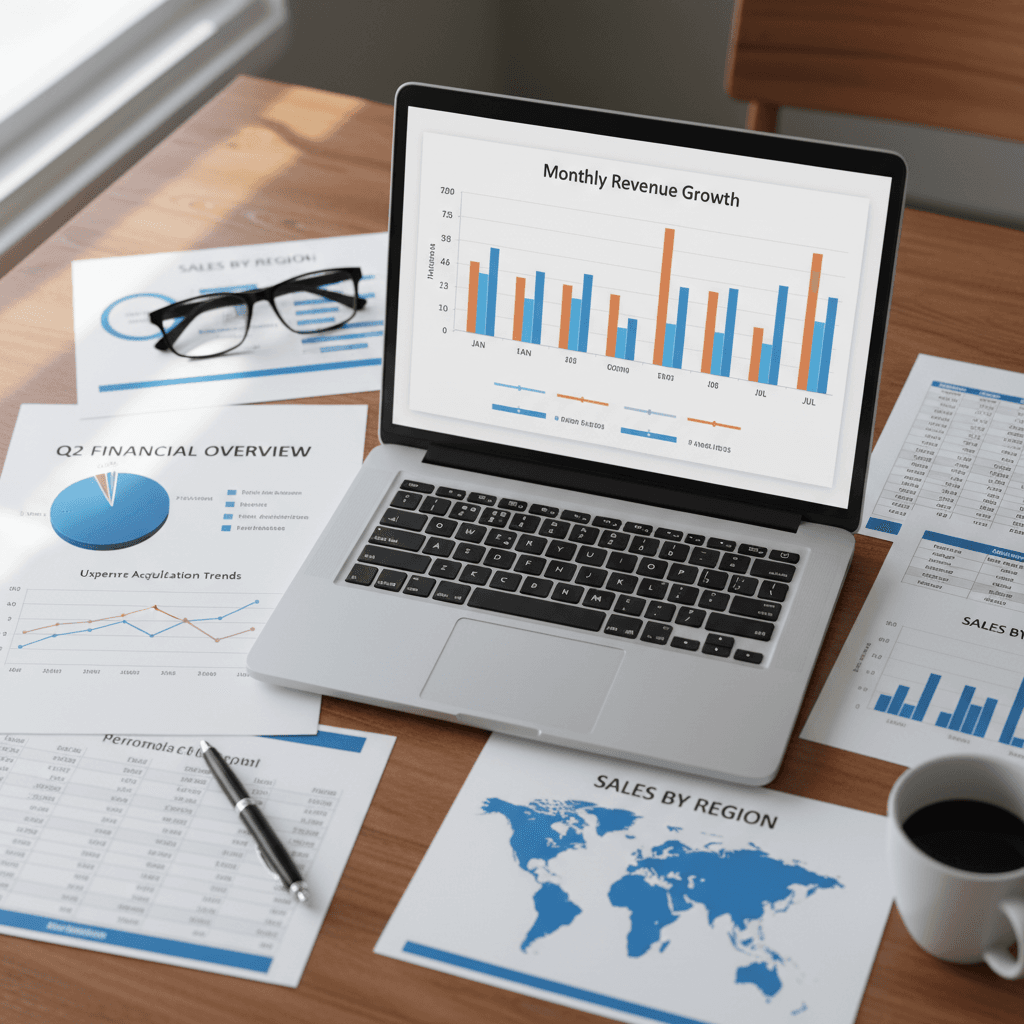 Monthly performance charts and graphs on a desk