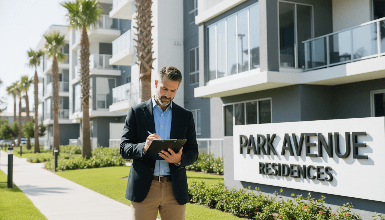 Property maintenance manager inspecting an apartment complex exterior.