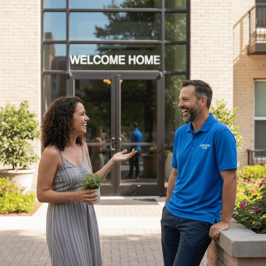 Resident and property manager talking outside an apartment